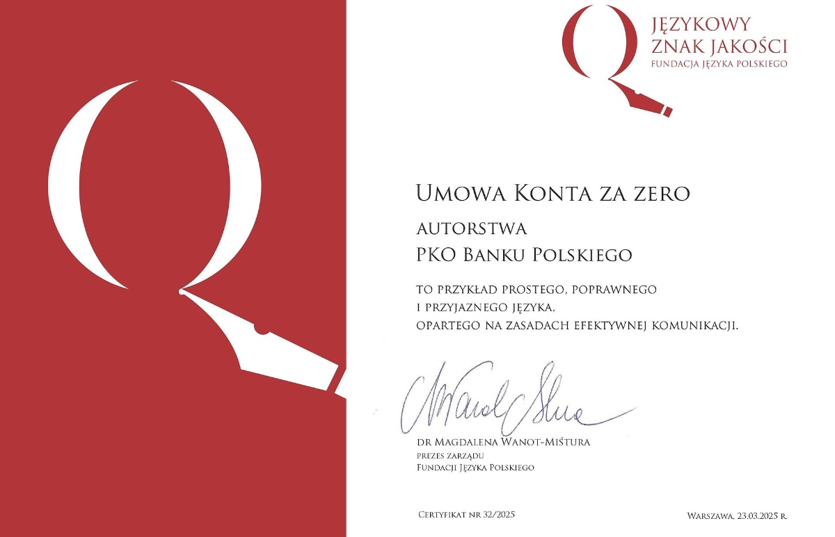 Językowy znak jakości dla trzech umów PKO BP